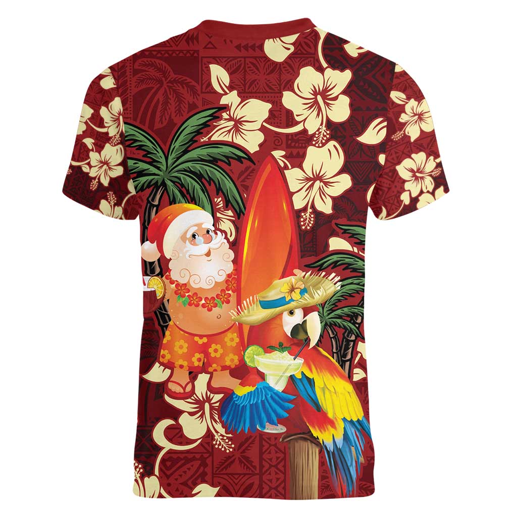 Crimson Red Tropical Christmas Hawaii Tapa Women V-Neck T-Shirt Aloha Santa Drink Party LT7 - Polynesian Pride