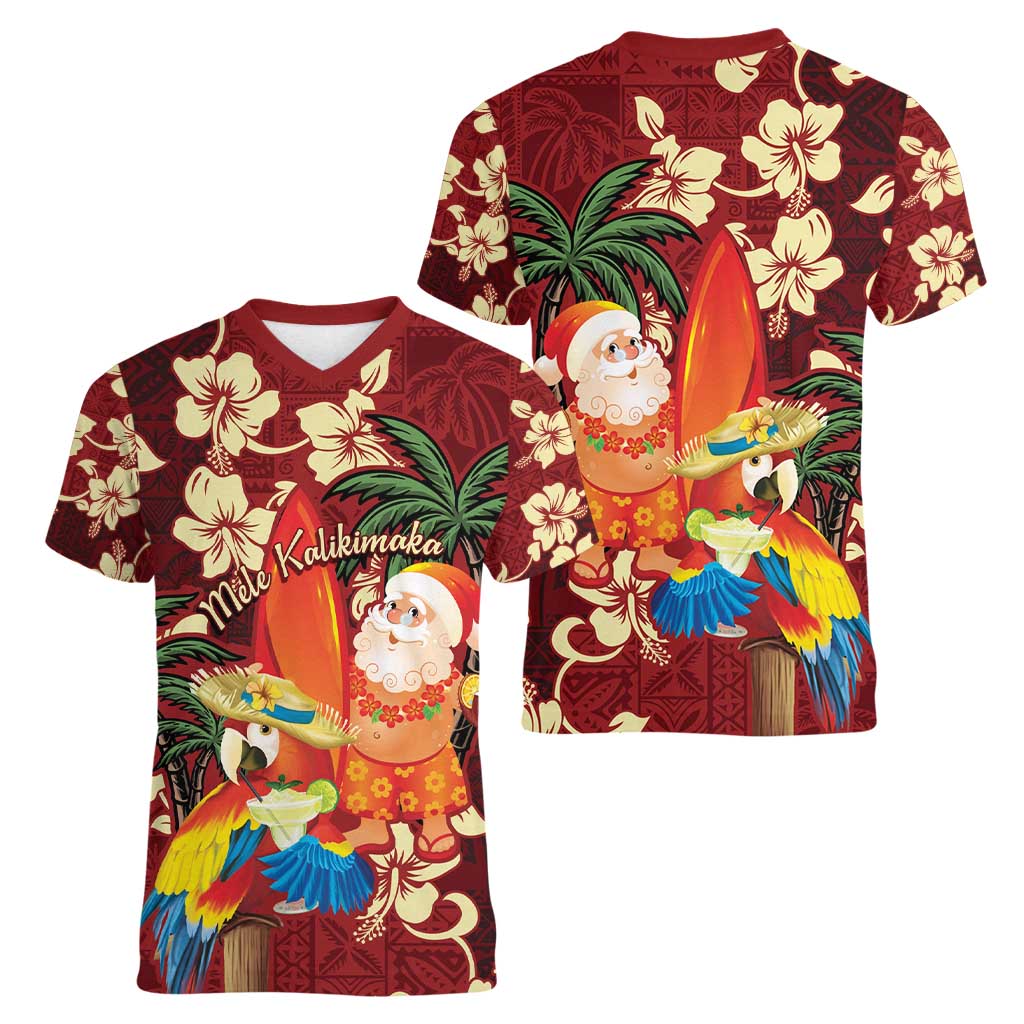 Crimson Red Tropical Christmas Hawaii Tapa Women V-Neck T-Shirt Aloha Santa Drink Party LT7 - Polynesian Pride