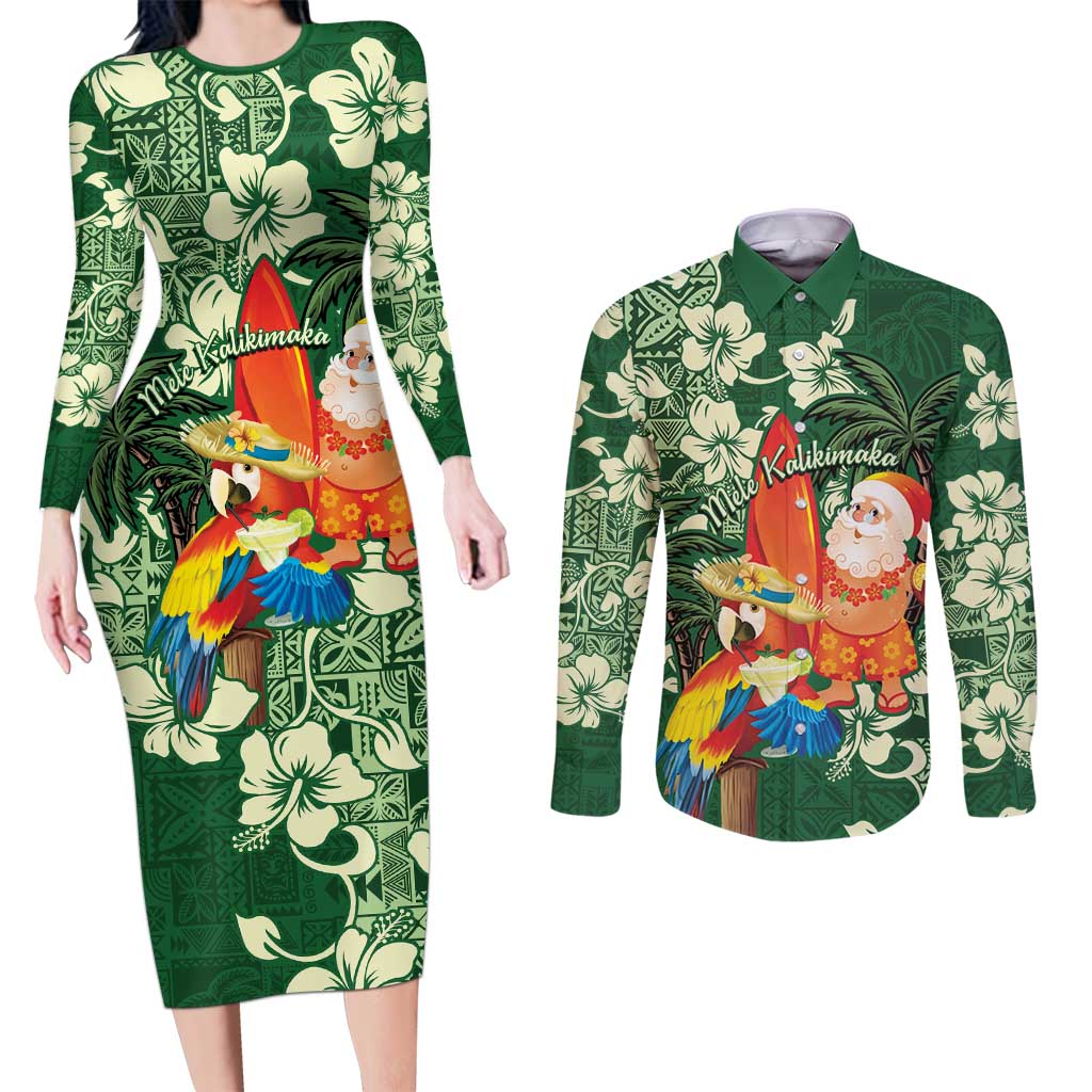 Moss Green Tropical Christmas Hawaii Tapa Couples Matching Long Sleeve Bodycon Dress and Long Sleeve Button Shirt Aloha Santa Drink Party LT7 Green - Polynesian Pride