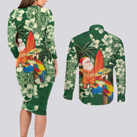 Moss Green Tropical Christmas Hawaii Tapa Couples Matching Long Sleeve Bodycon Dress and Long Sleeve Button Shirt Aloha Santa Drink Party LT7 - Polynesian Pride