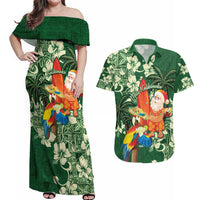 Moss Green Tropical Christmas Hawaii Tapa Couples Matching Off Shoulder Maxi Dress and Hawaiian Shirt Aloha Santa Drink Party LT7 Green - Polynesian Pride