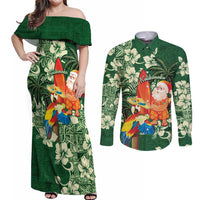 Moss Green Tropical Christmas Hawaii Tapa Couples Matching Off Shoulder Maxi Dress and Long Sleeve Button Shirt Aloha Santa Drink Party LT7 Green - Polynesian Pride