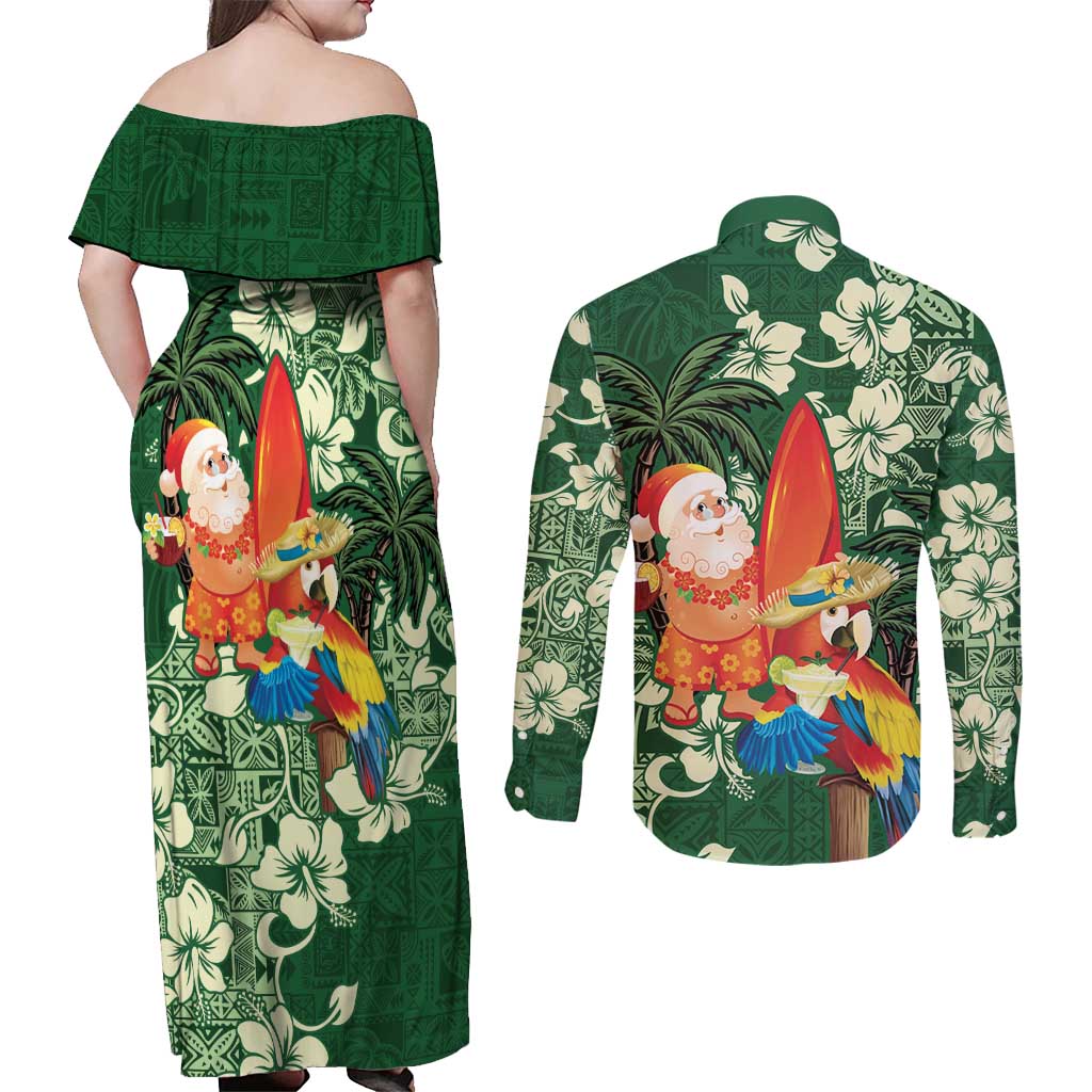 Moss Green Tropical Christmas Hawaii Tapa Couples Matching Off Shoulder Maxi Dress and Long Sleeve Button Shirt Aloha Santa Drink Party LT7 - Polynesian Pride