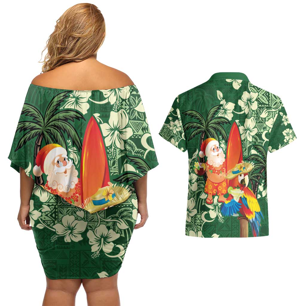 Moss Green Tropical Christmas Hawaii Tapa Couples Matching Off Shoulder Short Dress and Hawaiian Shirt Aloha Santa Drink Party LT7 - Polynesian Pride