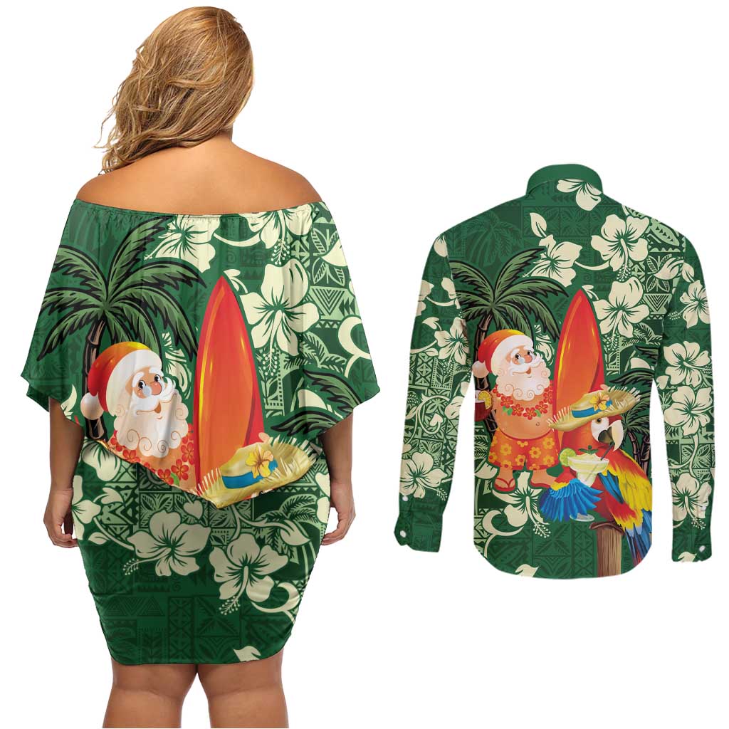 Moss Green Tropical Christmas Hawaii Tapa Couples Matching Off Shoulder Short Dress and Long Sleeve Button Shirt Aloha Santa Drink Party LT7 - Polynesian Pride