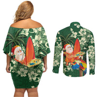 Moss Green Tropical Christmas Hawaii Tapa Couples Matching Off Shoulder Short Dress and Long Sleeve Button Shirt Aloha Santa Drink Party LT7 - Polynesian Pride