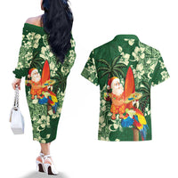 Moss Green Tropical Christmas Hawaii Tapa Couples Matching Off The Shoulder Long Sleeve Dress and Hawaiian Shirt Aloha Santa Drink Party LT7 - Polynesian Pride