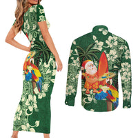 Moss Green Tropical Christmas Hawaii Tapa Couples Matching Short Sleeve Bodycon Dress and Long Sleeve Button Shirt Aloha Santa Drink Party LT7 - Polynesian Pride