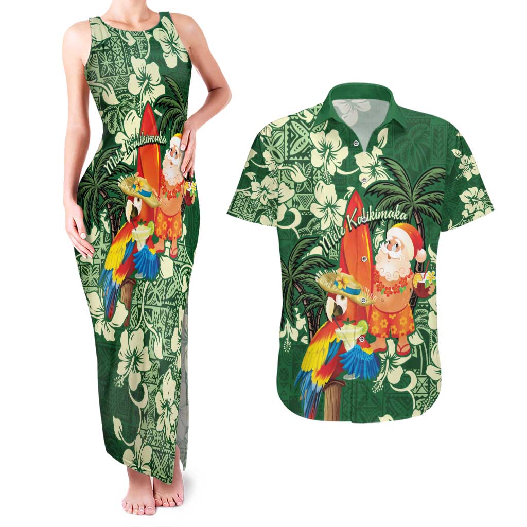 Moss Green Tropical Christmas Hawaii Tapa Couples Matching Tank Maxi Dress and Hawaiian Shirt Aloha Santa Drink Party LT7 Green - Polynesian Pride