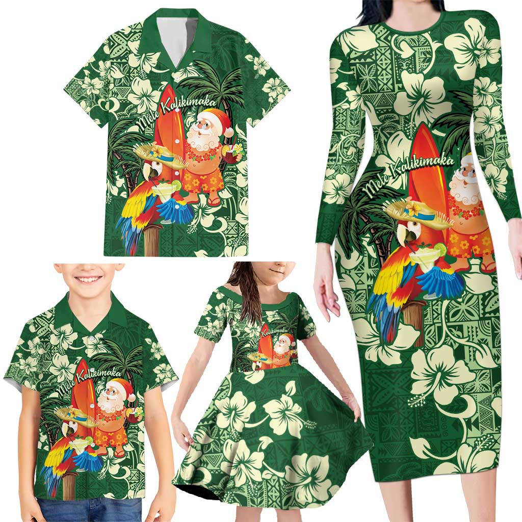 Moss Green Tropical Christmas Hawaii Tapa Family Matching Long Sleeve Bodycon Dress and Hawaiian Shirt Aloha Santa Drink Party LT7 - Polynesian Pride