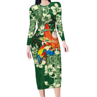 Moss Green Tropical Christmas Hawaii Tapa Family Matching Long Sleeve Bodycon Dress and Hawaiian Shirt Aloha Santa Drink Party LT7 Mom's Dress Green - Polynesian Pride