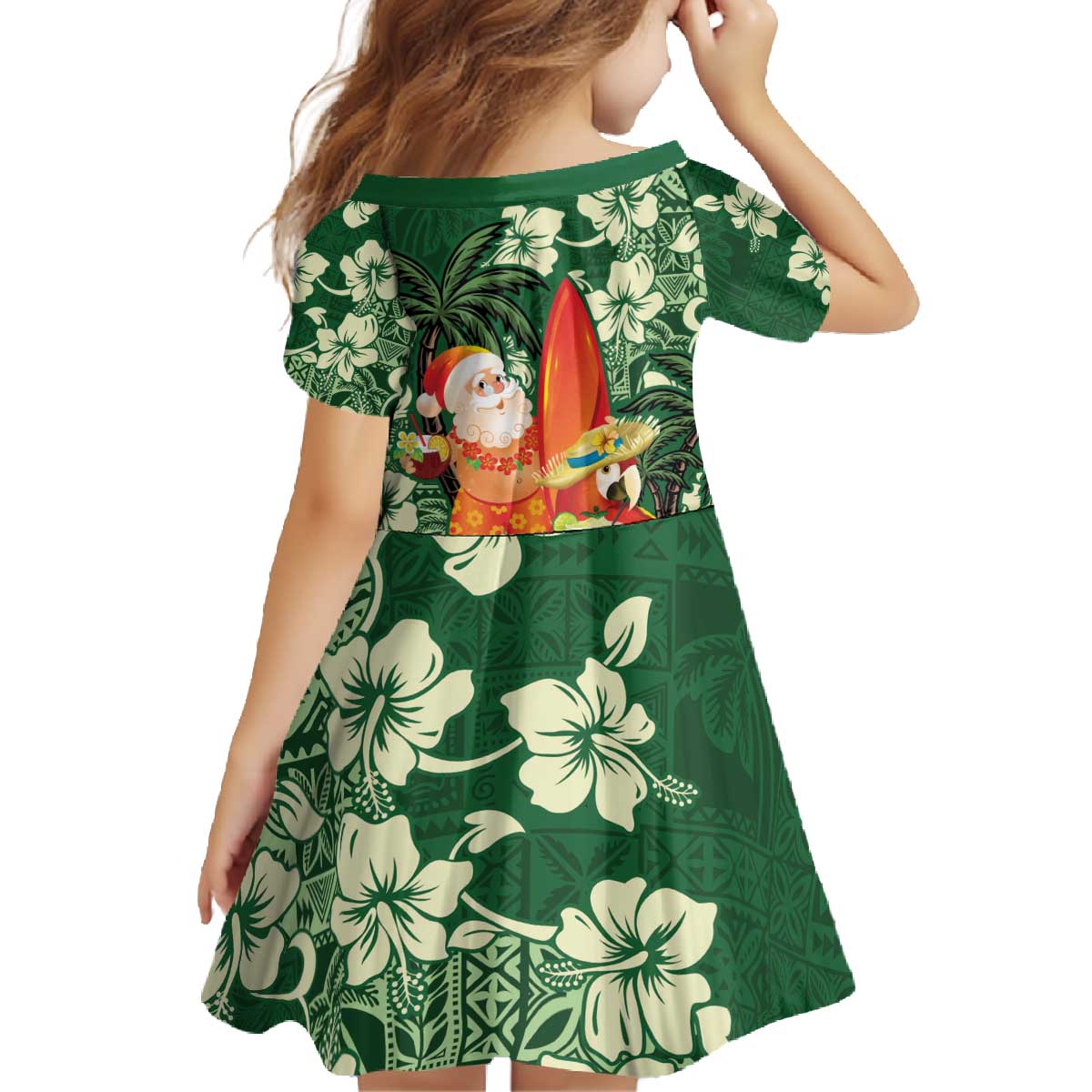 Moss Green Tropical Christmas Hawaii Tapa Family Matching Off The Shoulder Long Sleeve Dress and Hawaiian Shirt Aloha Santa Drink Party LT7 - Polynesian Pride