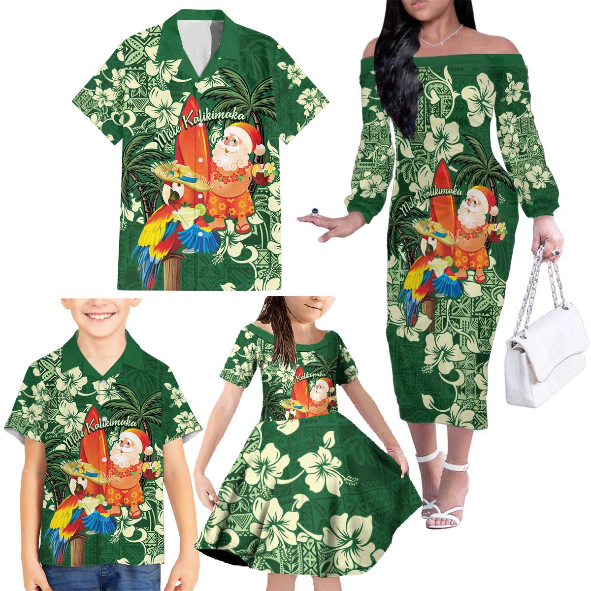 Moss Green Tropical Christmas Hawaii Tapa Family Matching Off The Shoulder Long Sleeve Dress and Hawaiian Shirt Aloha Santa Drink Party LT7 - Polynesian Pride