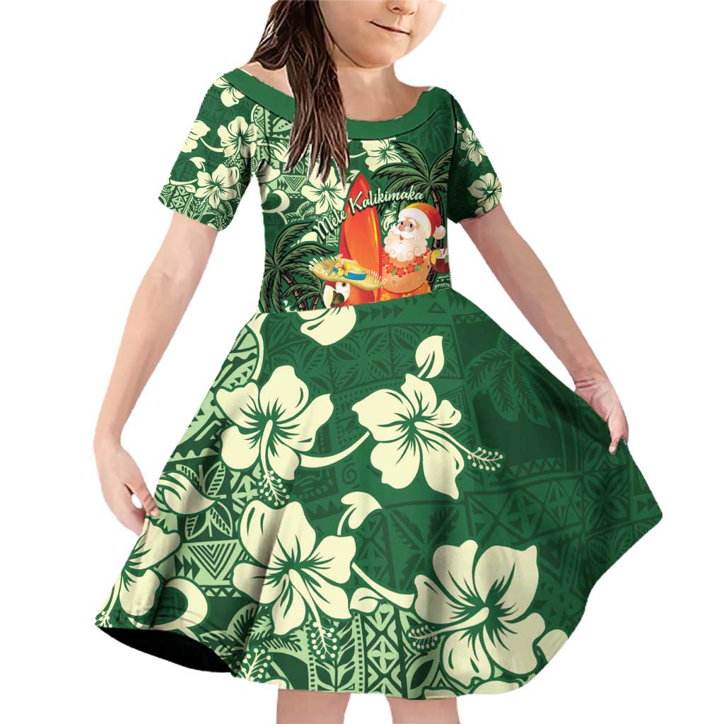 Moss Green Tropical Christmas Hawaii Tapa Family Matching Off Shoulder Short Dress and Hawaiian Shirt Aloha Santa Drink Party LT7 Daughter's Dress Green - Polynesian Pride