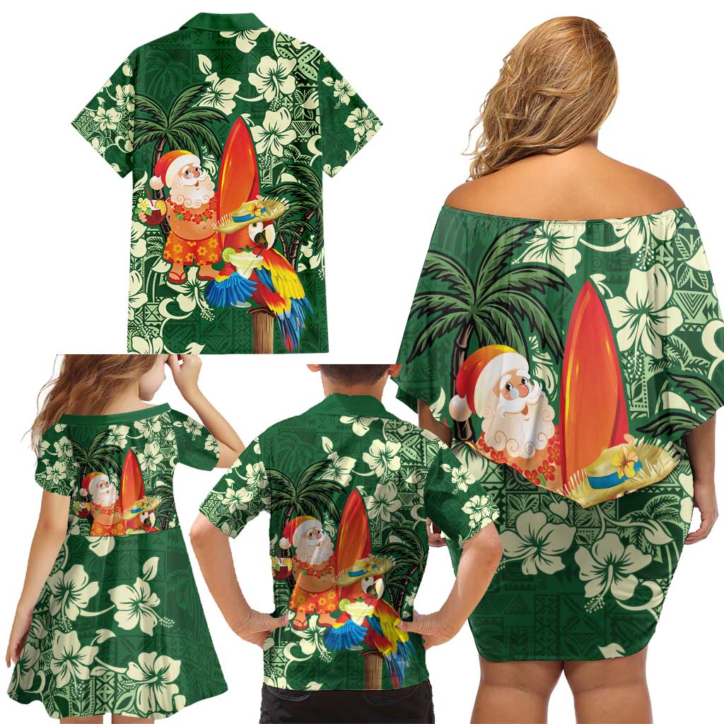 Moss Green Tropical Christmas Hawaii Tapa Family Matching Off Shoulder Short Dress and Hawaiian Shirt Aloha Santa Drink Party LT7 - Polynesian Pride