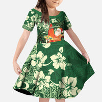Moss Green Tropical Christmas Hawaii Tapa Family Matching Short Sleeve Bodycon Dress and Hawaiian Shirt Aloha Santa Drink Party LT7 Daughter's Dress Green - Polynesian Pride