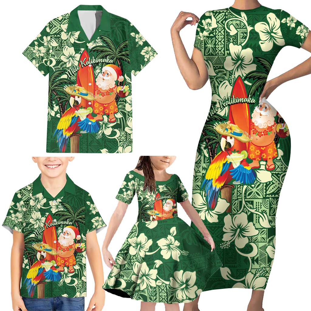 Moss Green Tropical Christmas Hawaii Tapa Family Matching Short Sleeve Bodycon Dress and Hawaiian Shirt Aloha Santa Drink Party LT7 - Polynesian Pride
