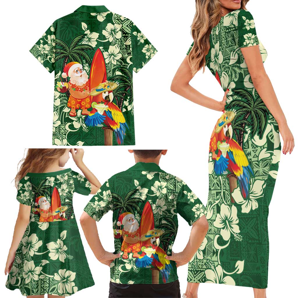 Moss Green Tropical Christmas Hawaii Tapa Family Matching Short Sleeve Bodycon Dress and Hawaiian Shirt Aloha Santa Drink Party LT7 - Polynesian Pride