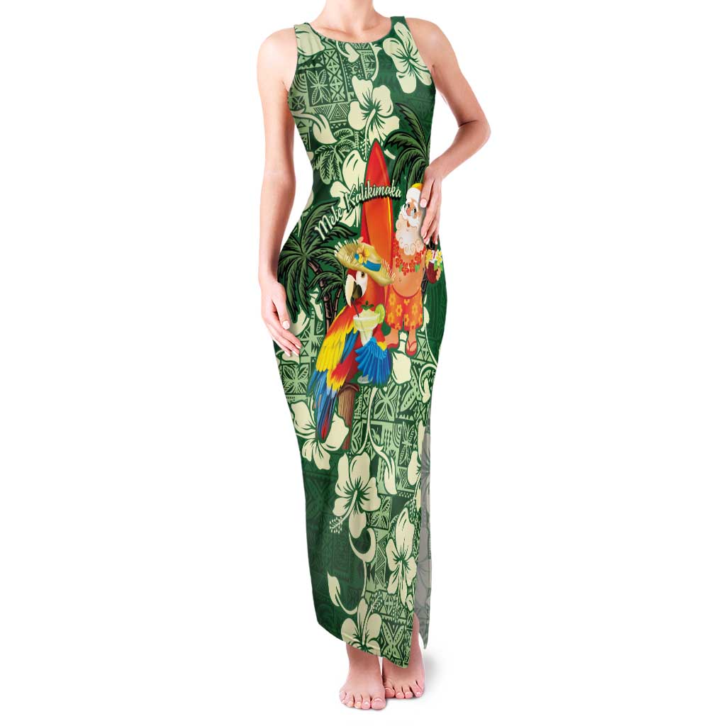 Moss Green Tropical Christmas Hawaii Tapa Family Matching Tank Maxi Dress and Hawaiian Shirt Aloha Santa Drink Party LT7 Mom's Dress Green - Polynesian Pride