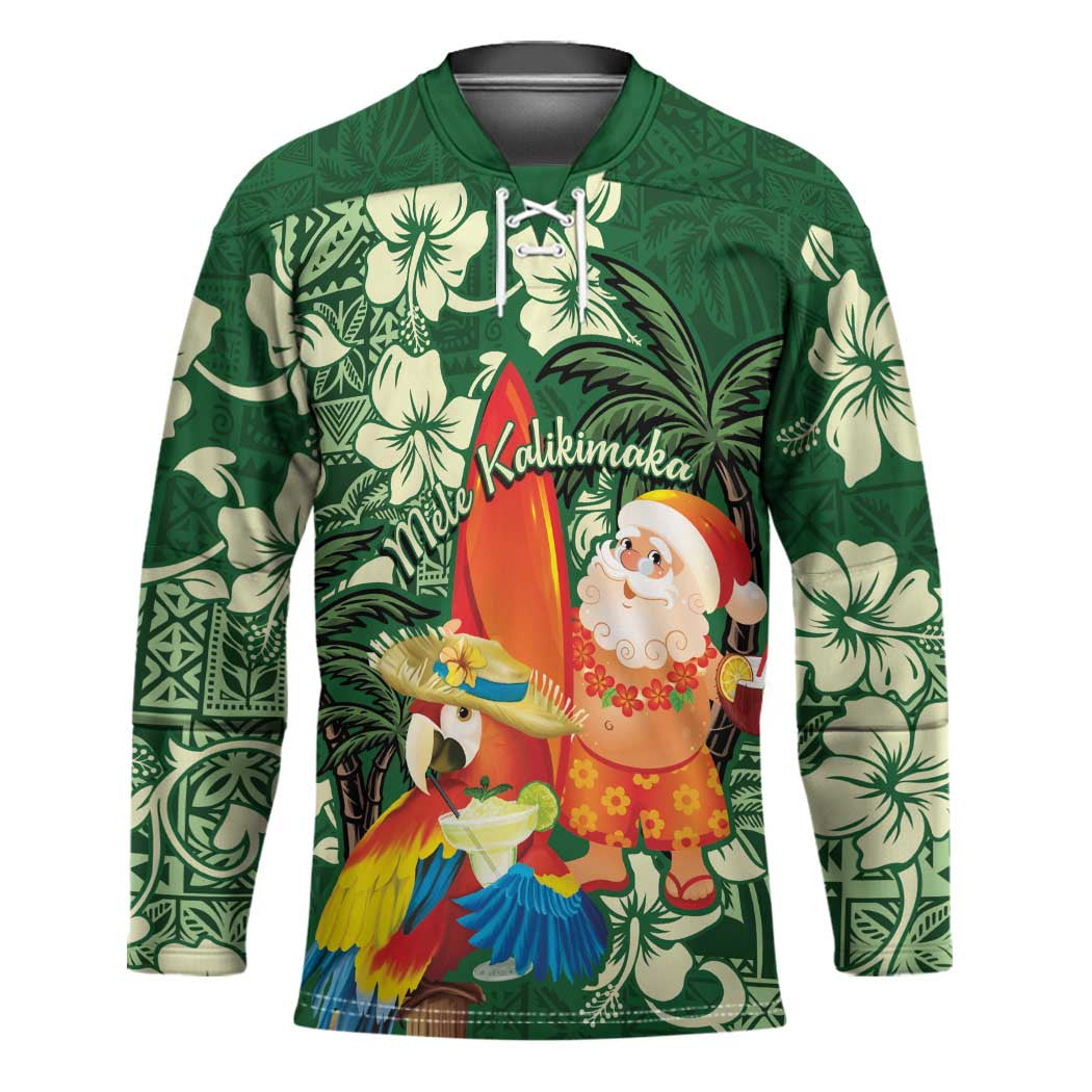 Moss Green Tropical Christmas Hawaii Tapa Hockey Jersey Aloha Santa Drink Party - Polynesian Pride