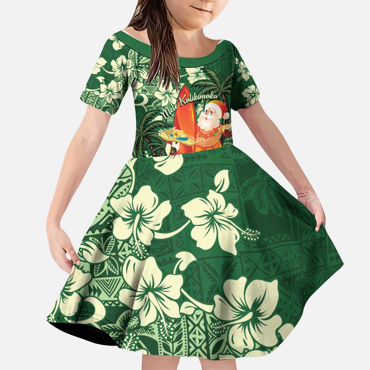Moss Green Tropical Christmas Hawaii Tapa Kid Short Sleeve Dress Aloha Santa Drink Party - Polynesian Pride