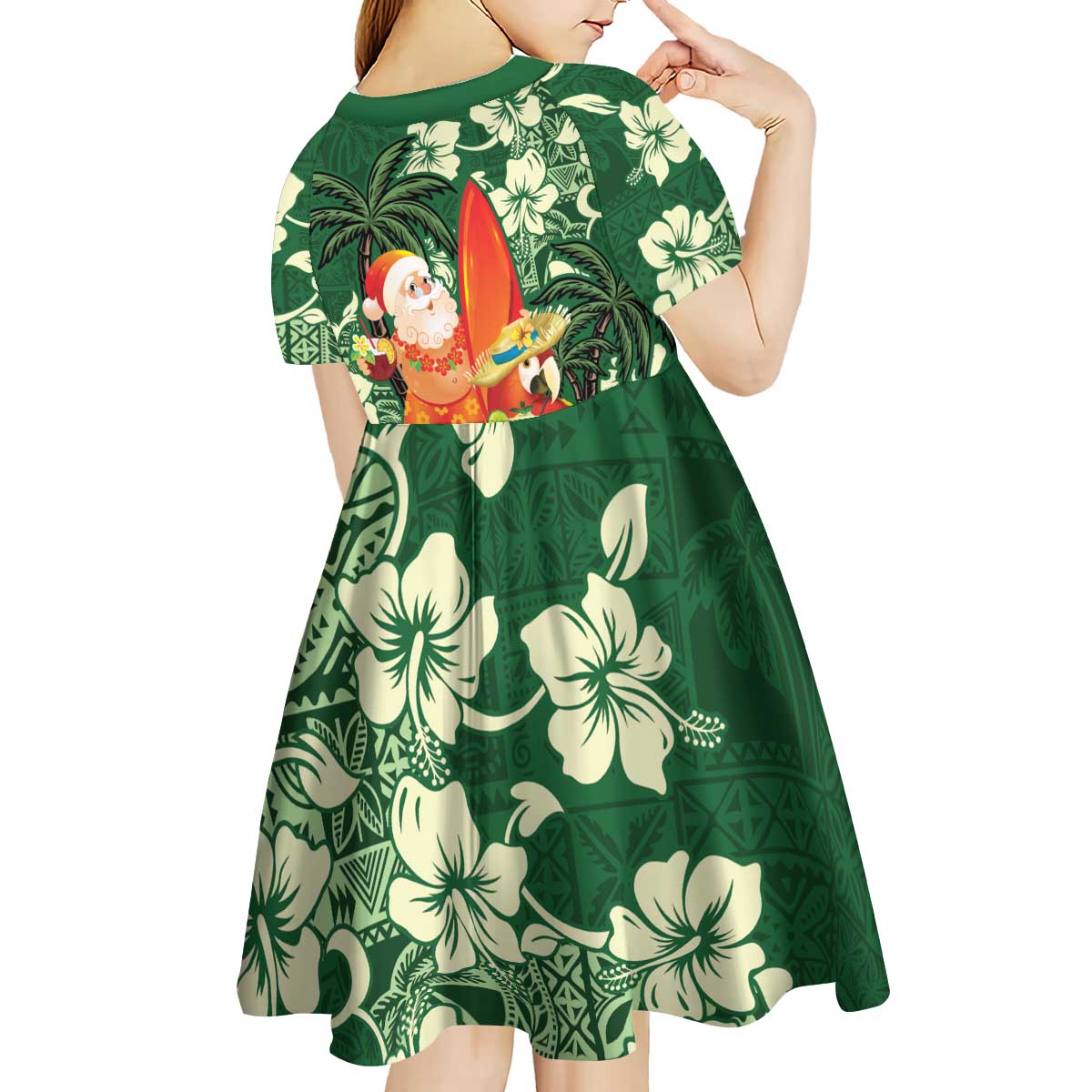 Moss Green Tropical Christmas Hawaii Tapa Kid Short Sleeve Dress Aloha Santa Drink Party - Polynesian Pride