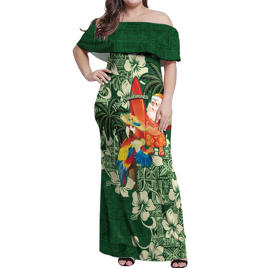 Moss Green Tropical Christmas Hawaii Tapa Off Shoulder Maxi Dress Aloha Santa Drink Party - Polynesian Pride