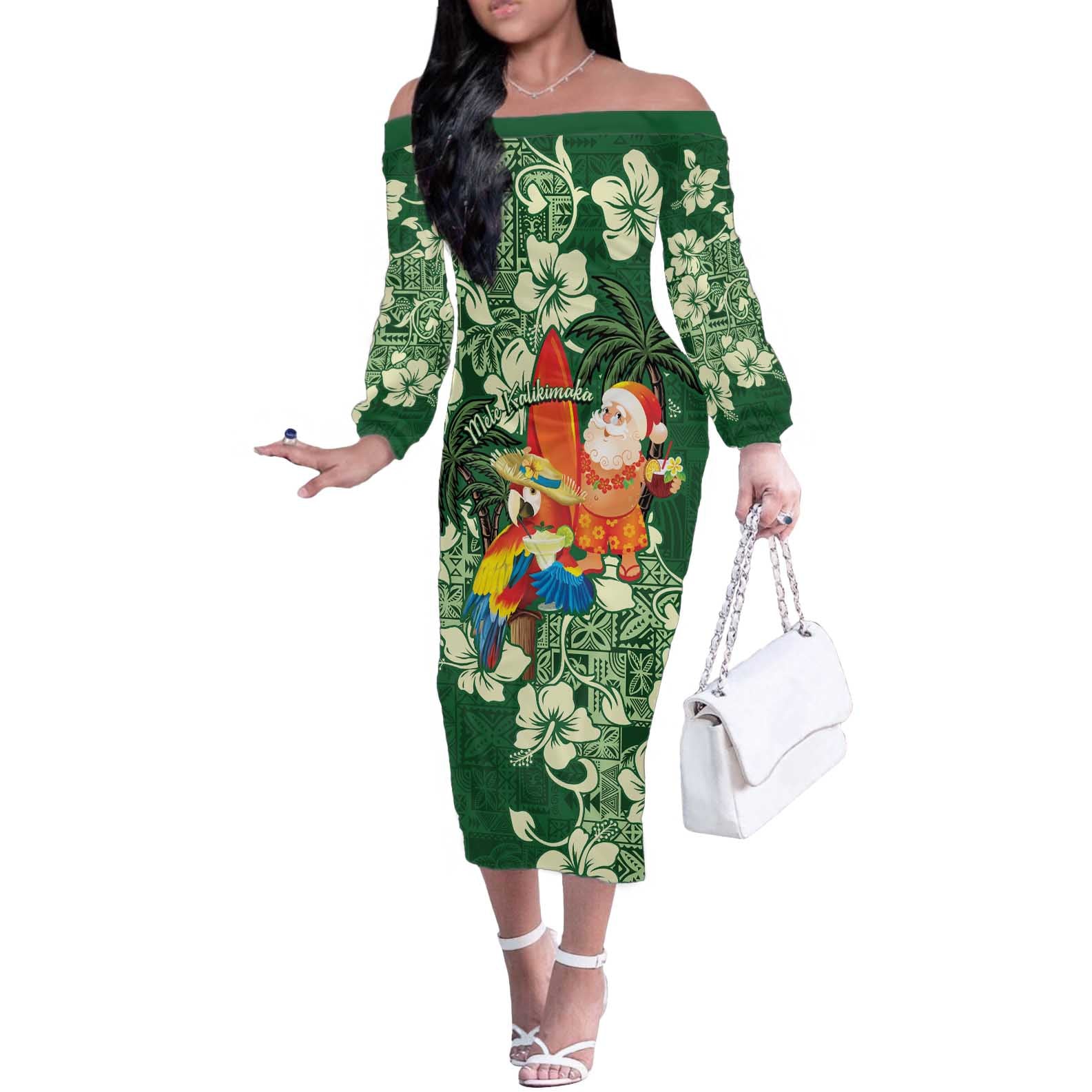 Moss Green Tropical Christmas Hawaii Tapa Off The Shoulder Long Sleeve Dress Aloha Santa Drink Party - Polynesian Pride