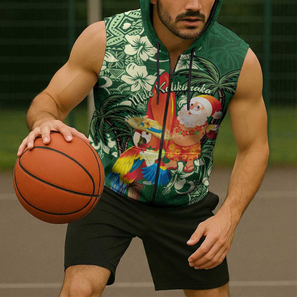 Moss Green Tropical Christmas Hawaii Tapa Sleeveless Zip Hoodie Aloha Santa Drink Party - Polynesian Pride
