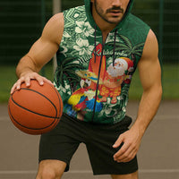 Moss Green Tropical Christmas Hawaii Tapa Sleeveless Zip Hoodie Aloha Santa Drink Party - Polynesian Pride