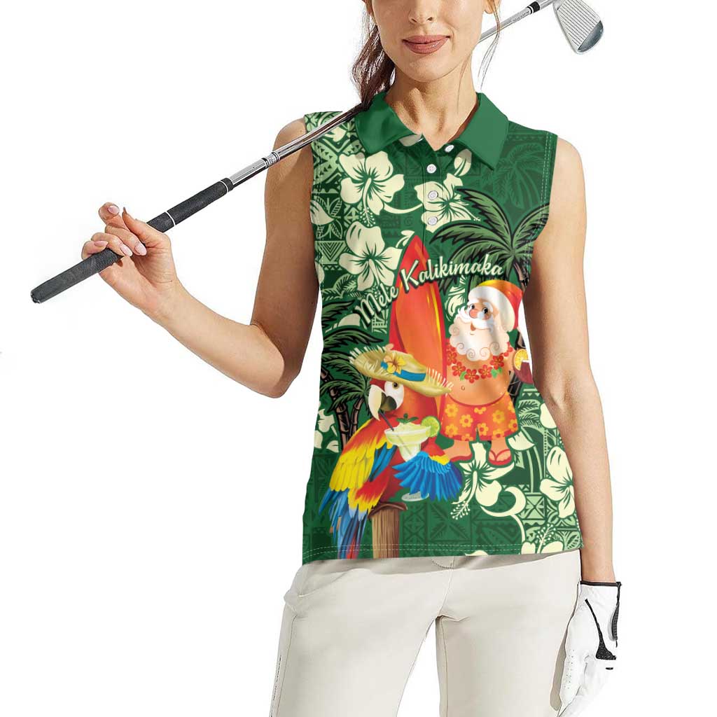 Moss Green Tropical Christmas Hawaii Tapa Women Sleeveless Polo Shirt Aloha Santa Drink Party LT7 - Polynesian Pride