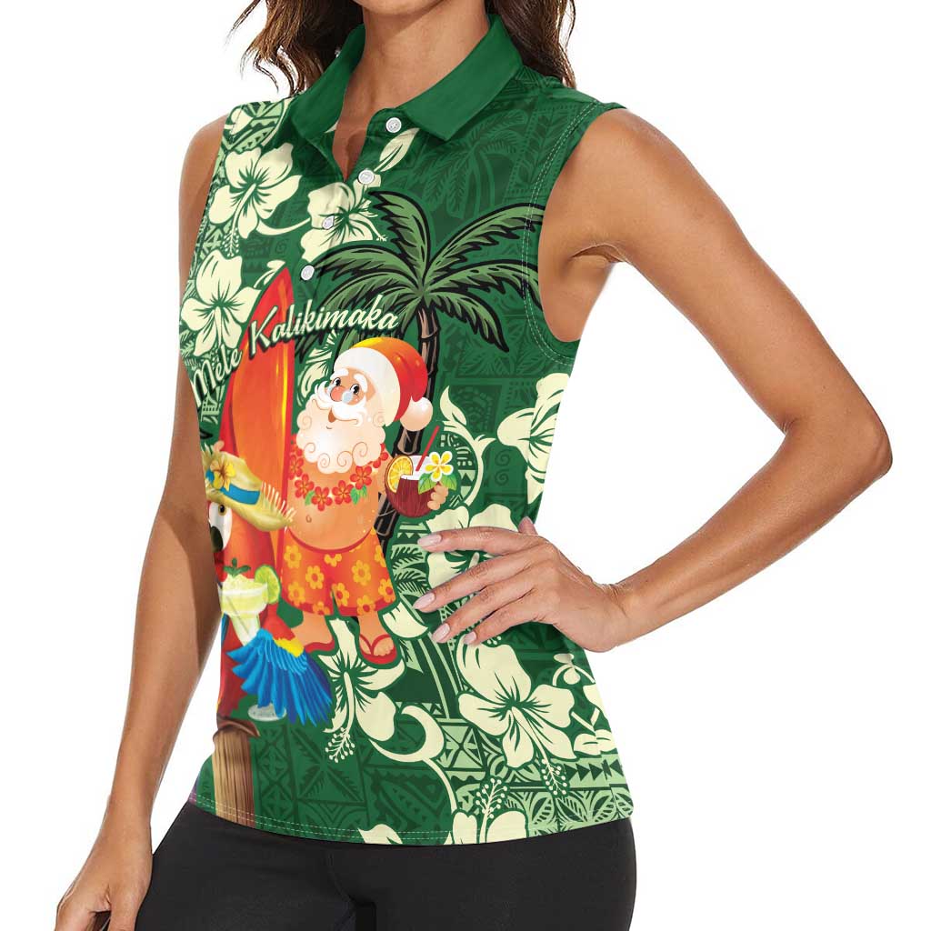 Moss Green Tropical Christmas Hawaii Tapa Women Sleeveless Polo Shirt Aloha Santa Drink Party LT7 - Polynesian Pride