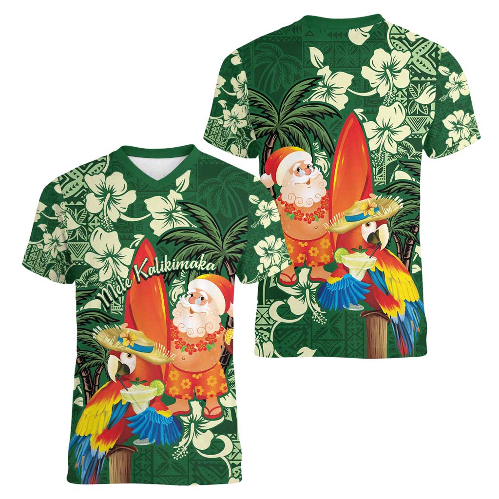 Moss Green Tropical Christmas Hawaii Tapa Women V-Neck T-Shirt Aloha Santa Drink Party LT7 - Polynesian Pride