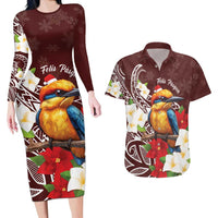Felis Pasgua Guam Couples Matching Long Sleeve Bodycon Dress and Hawaiian Shirt Christmas Sihek Kingfisher with Guasali LT7 Crimson - Polynesian Pride
