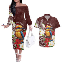 Felis Pasgua Guam Couples Matching Off The Shoulder Long Sleeve Dress and Hawaiian Shirt Christmas Sihek Kingfisher with Guasali LT7 Crimson - Polynesian Pride