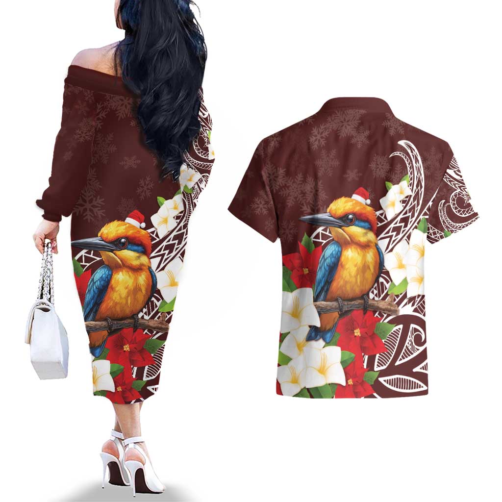 Felis Pasgua Guam Couples Matching Off The Shoulder Long Sleeve Dress and Hawaiian Shirt Christmas Sihek Kingfisher with Guasali LT7 - Polynesian Pride