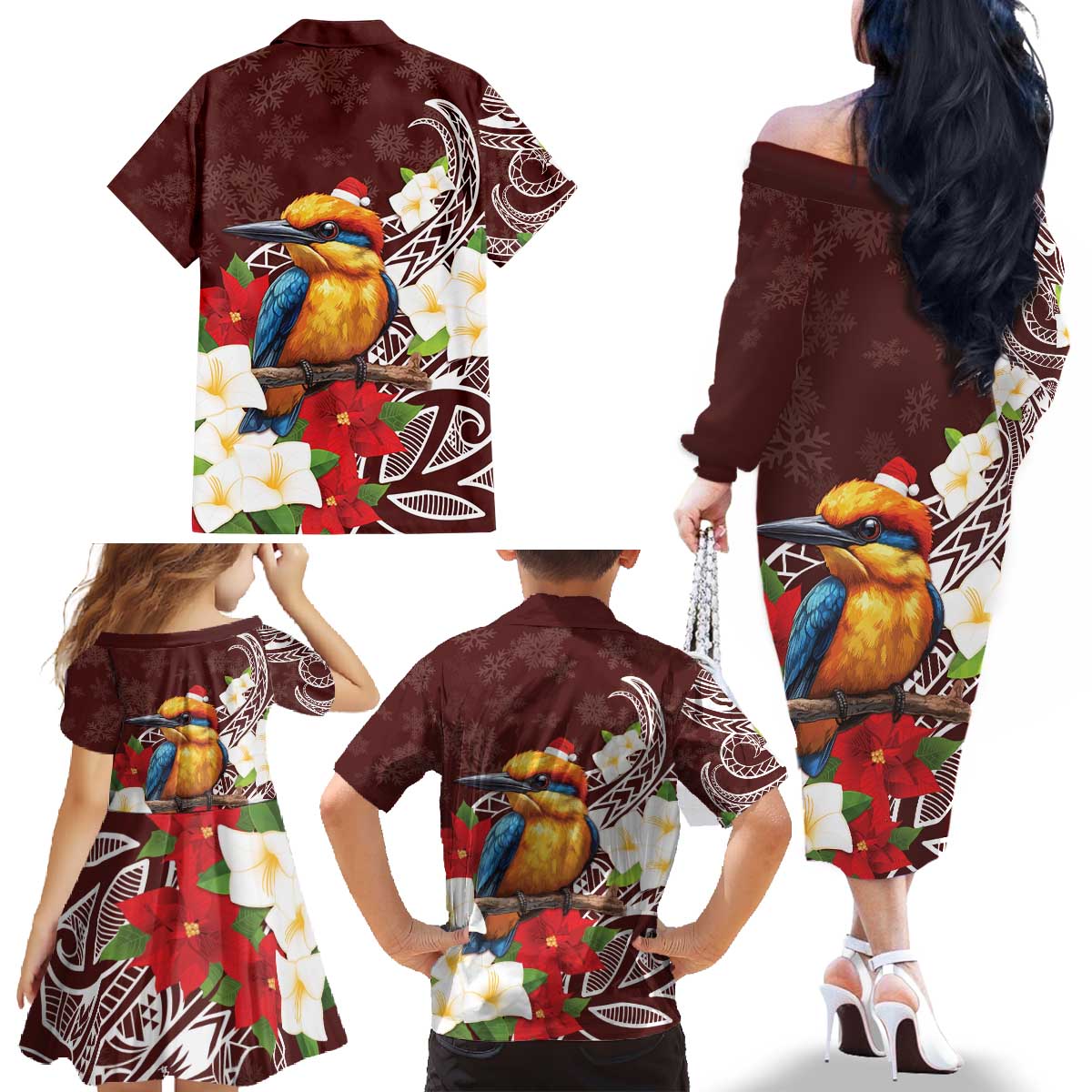 Felis Pasgua Guam Family Matching Off The Shoulder Long Sleeve Dress and Hawaiian Shirt Christmas Sihek Kingfisher with Guasali LT7 - Polynesian Pride