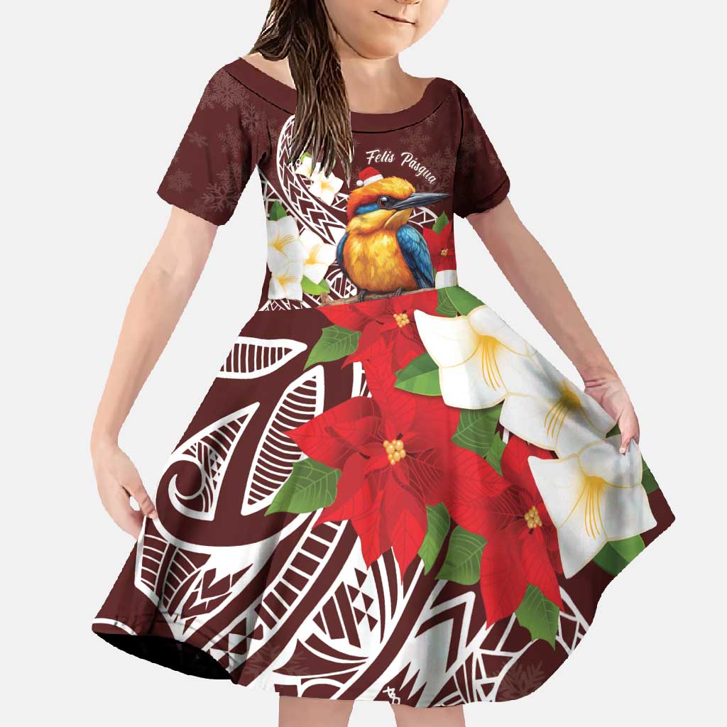 Felis Pasgua Guam Family Matching Off Shoulder Maxi Dress and Hawaiian Shirt Christmas Sihek Kingfisher with Guasali LT7 Daughter's Dress Crimson - Polynesian Pride