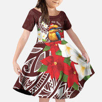 Felis Pasgua Guam Family Matching Off Shoulder Maxi Dress and Hawaiian Shirt Christmas Sihek Kingfisher with Guasali LT7 Daughter's Dress Crimson - Polynesian Pride