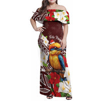 Felis Pasgua Guam Family Matching Off Shoulder Maxi Dress and Hawaiian Shirt Christmas Sihek Kingfisher with Guasali LT7 Mom's Dress Crimson - Polynesian Pride