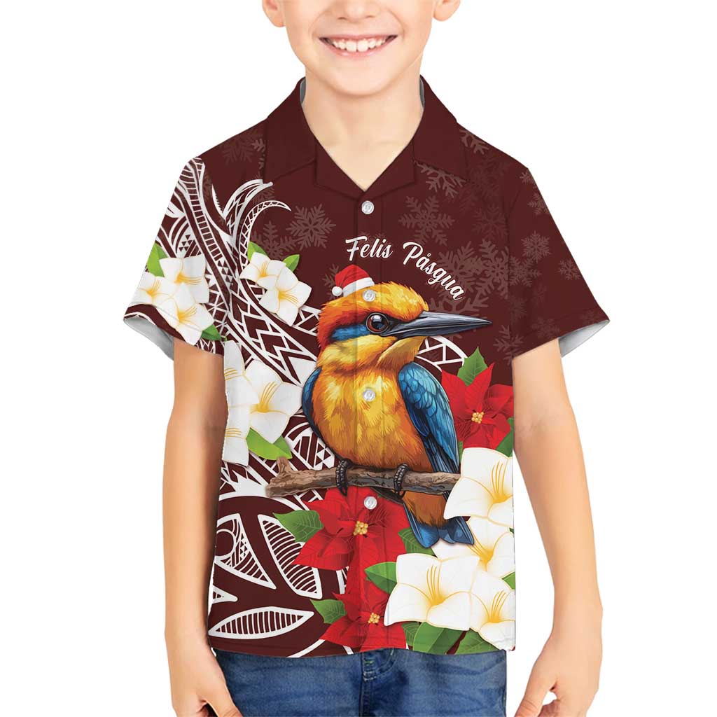 Felis Pasgua Guam Family Matching Off Shoulder Maxi Dress and Hawaiian Shirt Christmas Sihek Kingfisher with Guasali LT7 Son's Shirt Crimson - Polynesian Pride