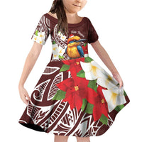 Felis Pasgua Guam Family Matching Off Shoulder Short Dress and Hawaiian Shirt Christmas Sihek Kingfisher with Guasali LT7 Daughter's Dress Crimson - Polynesian Pride