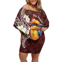 Felis Pasgua Guam Family Matching Off Shoulder Short Dress and Hawaiian Shirt Christmas Sihek Kingfisher with Guasali LT7 Mom's Dress Crimson - Polynesian Pride