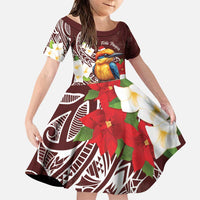 Felis Pasgua Guam Family Matching Puletasi and Hawaiian Shirt Christmas Sihek Kingfisher with Guasali LT7 Daughter's Dress Crimson - Polynesian Pride