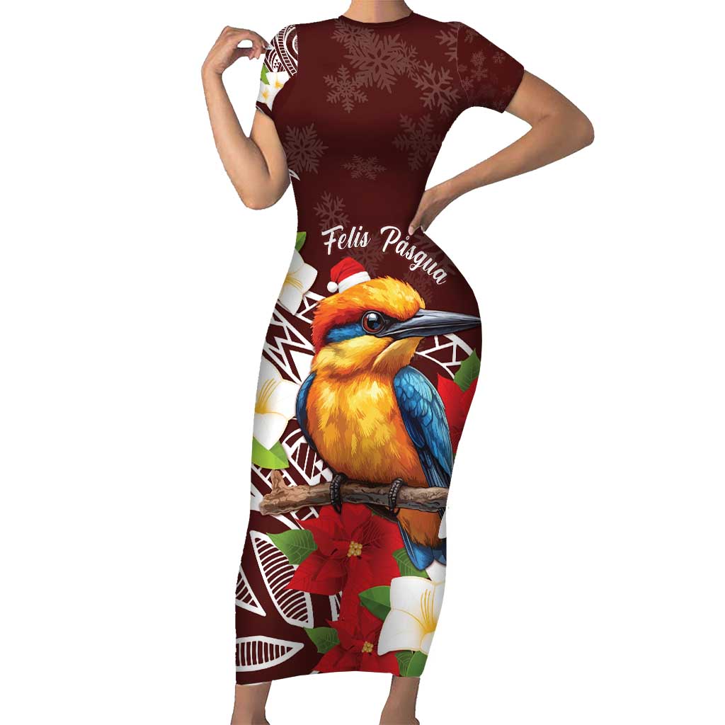 Felis Pasgua Guam Family Matching Short Sleeve Bodycon Dress and Hawaiian Shirt Christmas Sihek Kingfisher with Guasali LT7 Mom's Dress Crimson - Polynesian Pride