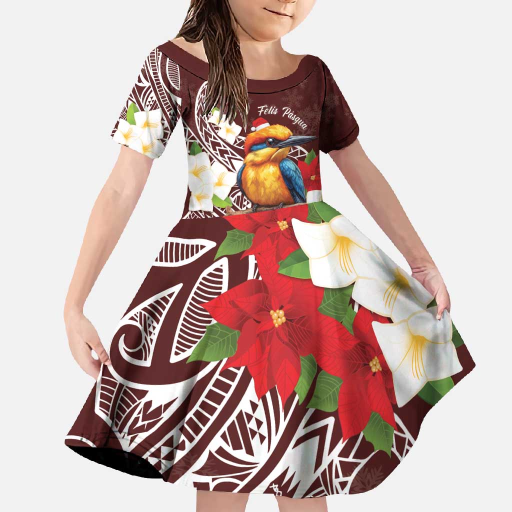 Felis Pasgua Guam Family Matching Tank Maxi Dress and Hawaiian Shirt Christmas Sihek Kingfisher with Guasali LT7 Daughter's Dress Crimson - Polynesian Pride