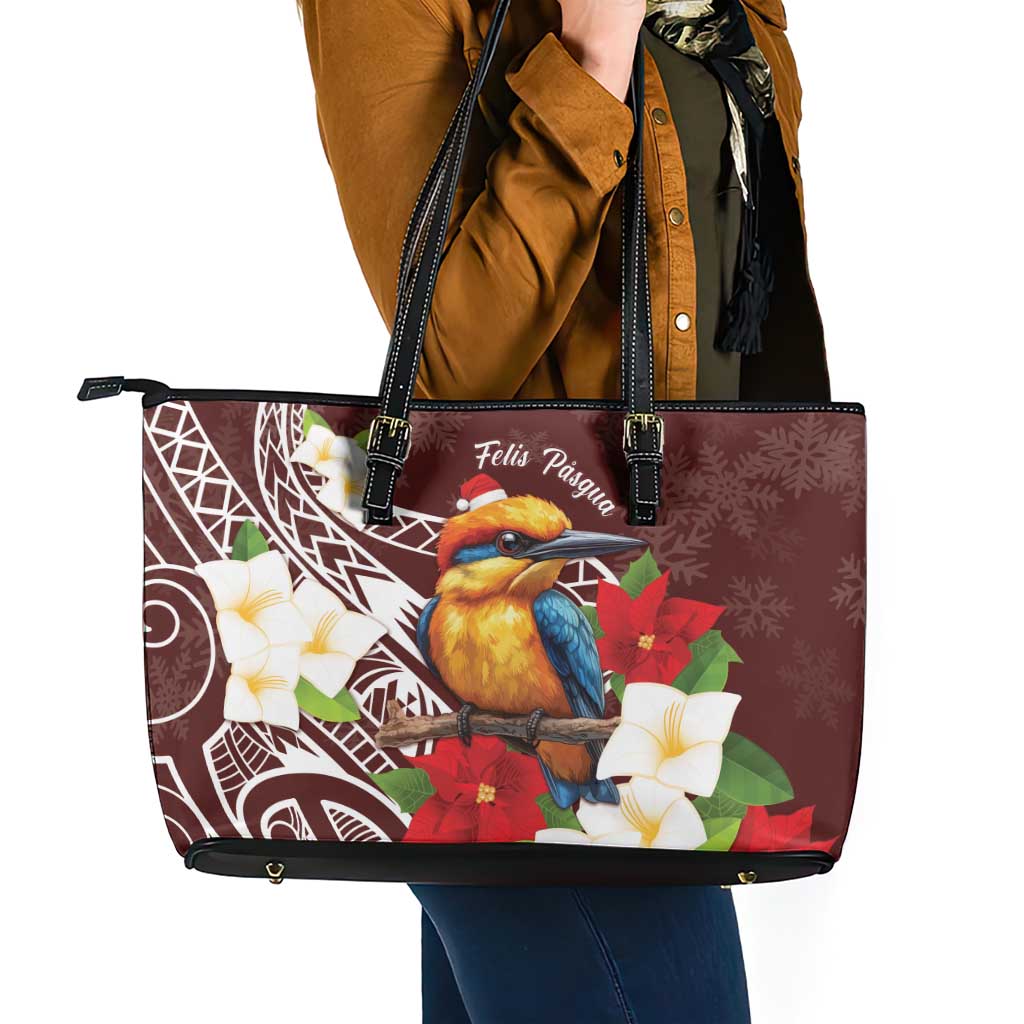 Felis Pasgua Guam Leather Tote Bag Christmas Sihek Kingfisher with Guasali LT7 - Polynesian Pride