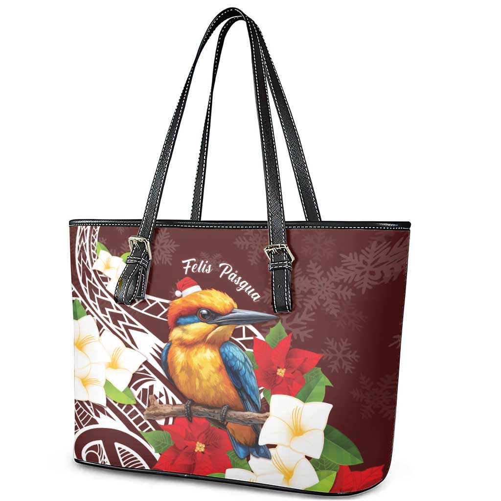 Felis Pasgua Guam Leather Tote Bag Christmas Sihek Kingfisher with Guasali LT7 - Polynesian Pride