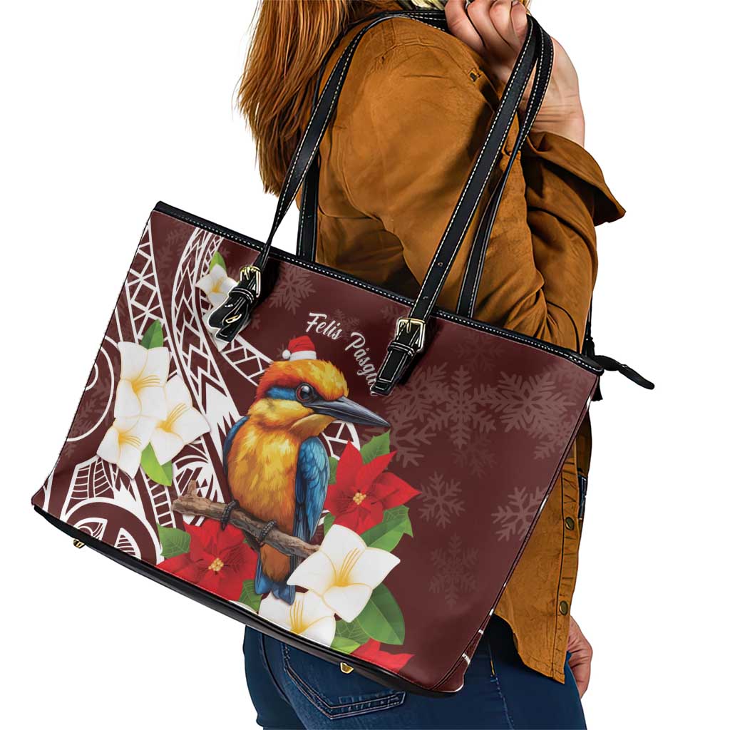 Felis Pasgua Guam Leather Tote Bag Christmas Sihek Kingfisher with Guasali LT7 - Polynesian Pride