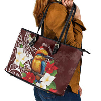 Felis Pasgua Guam Leather Tote Bag Christmas Sihek Kingfisher with Guasali LT7 - Polynesian Pride